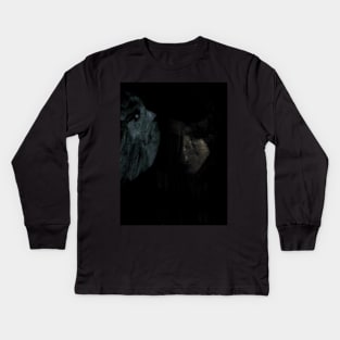 Portrait, collage, special processing. Man, dark costume, long hair, looking down. On left demon of gold. Very desaturated. Kids Long Sleeve T-Shirt